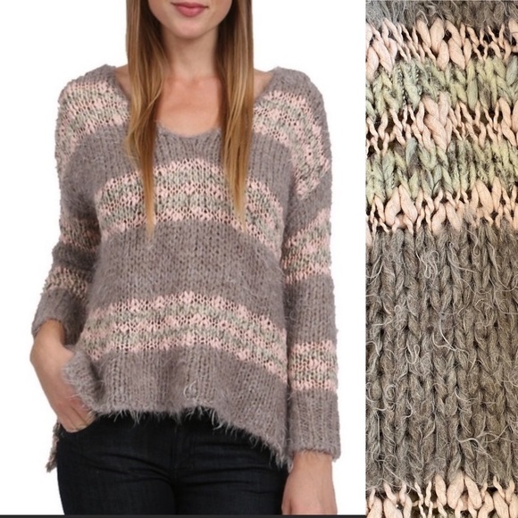 Free People Linus Striped Eyelash Fuzzy Wool Blend Sweater Gray Pink Size S - Picture 3 of 11
